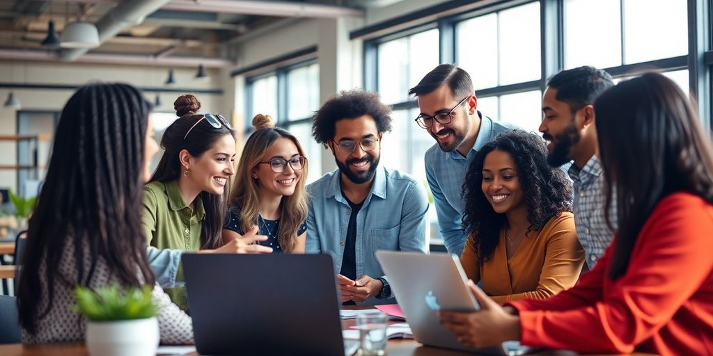 Diverse entrepreneurs collaborating in a bright modern workspace.