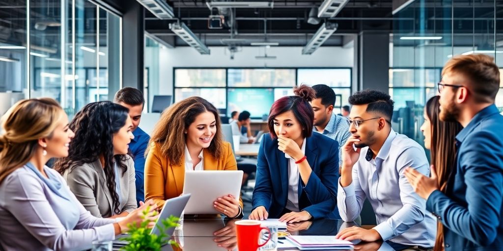 Diverse professionals collaborating in a modern office setting.