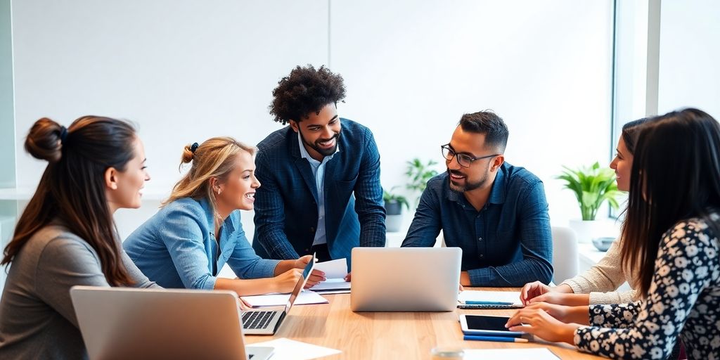 Diverse entrepreneurs collaborating in a bright office setting.