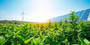 Green landscape with wind turbines and solar panels.