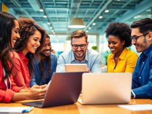 Colaborare modernă în afaceri cu tehnologie digitală.