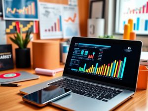 Spațiu de lucru pentru marketing digital cu laptop și telefon.