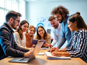 Antreprenori colaborând într-un birou modern, energic.