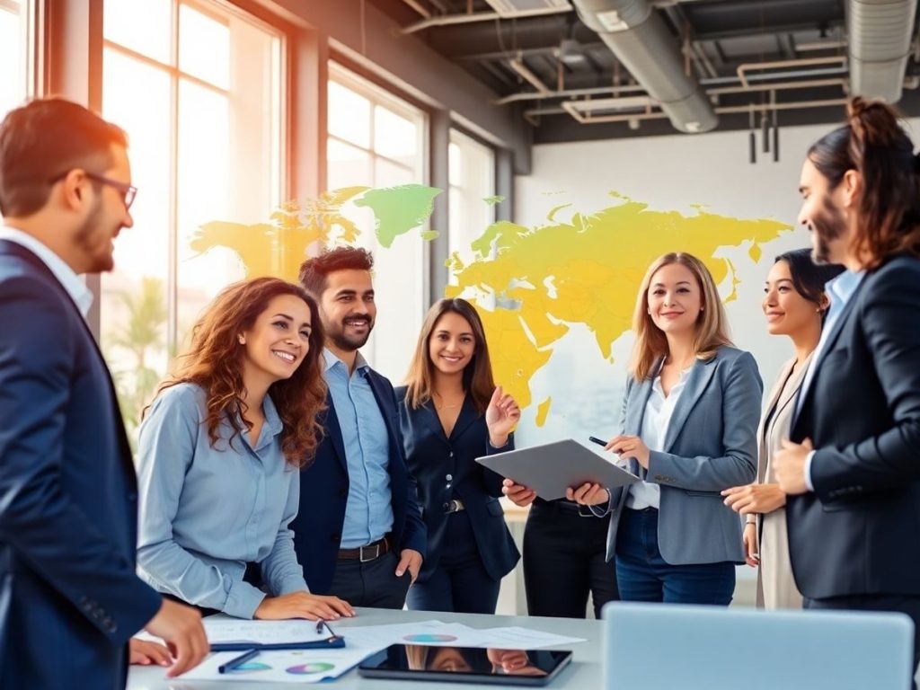 Profesioniști business colaborând într-un birou modern.