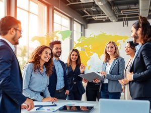 Profesioniști business colaborând într-un birou modern.