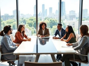 Profesioniști colaborând într-un birou modern, cu vedere la oraș verde.