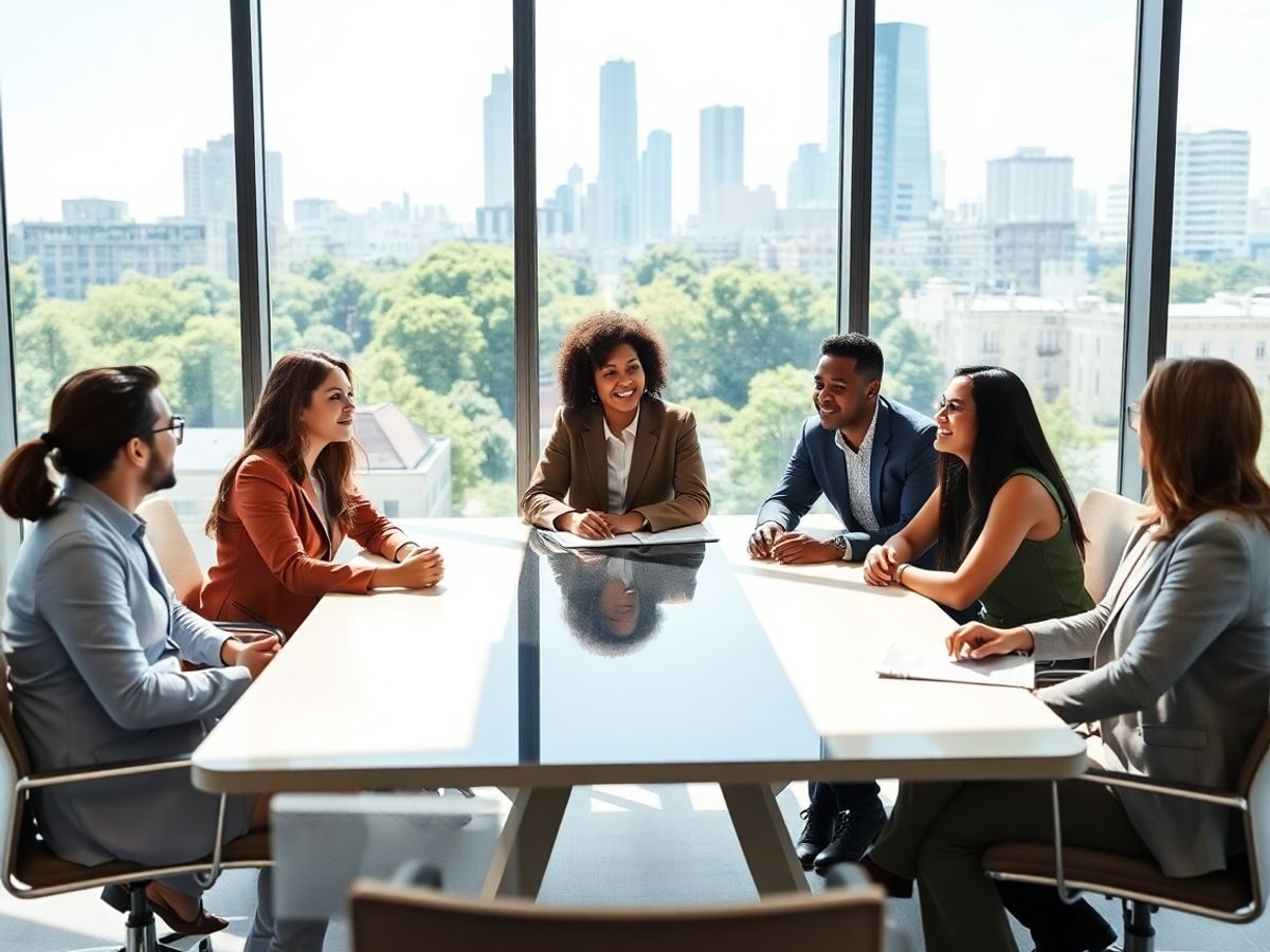 Profesioniști colaborând într-un birou modern, cu vedere la oraș verde.