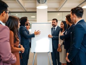 Lider în costum, zâmbind, înconjurat de echipa sa.