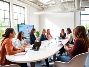 Femei antreprenor într-un spațiu modern, colaborând eficient.