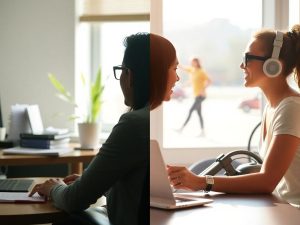 Persoane echilibrând obiecte de muncă și personale.