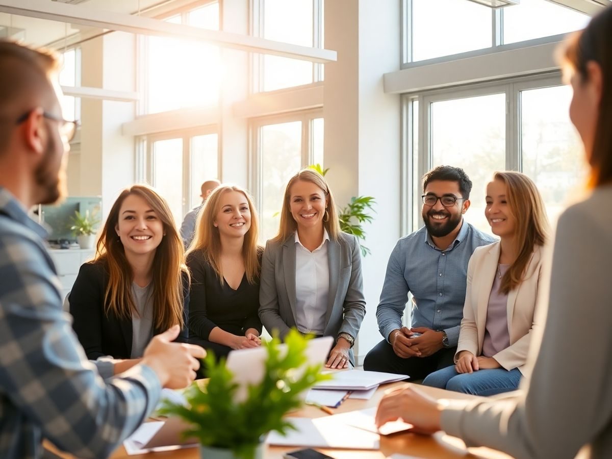 Angajați fericiți lucrând în biroul luminos.