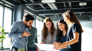 Tineri profesioniști colaborând într-un birou modern.