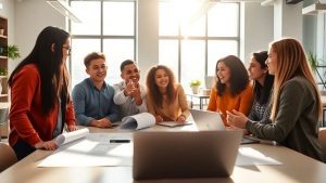 Echipă tânără colaborând la un proiect de startup.